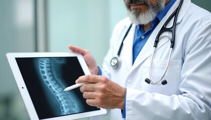 Doctor reviews spinal x-ray on tablet. Physician uses digital tech for diagnosis. Medical professional analyzes bone structure for patient care. Healthcare expert checks ailment.