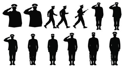 Silhouette of soldiers in various poses military personnel concept