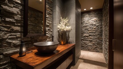 Modern bathroom with stone accent wall and wooden vanity
