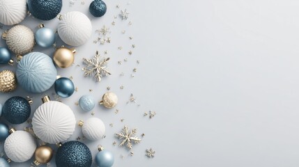 Festive Christmas Ornaments in Blue, White, and Gold with Snowflakes and Stars on Light Gray Background