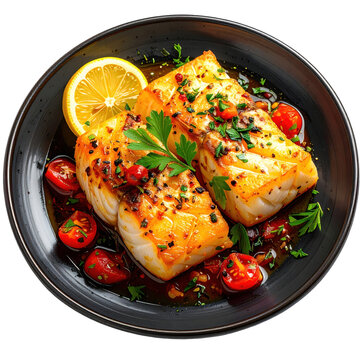 Bacalhau &agrave; lagareiro with roasted tomatoes lemon and herbs served elegantly isolated white background
