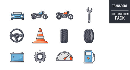A collection of high-resolution icons representing various aspects of transportation and automotive maintenance.