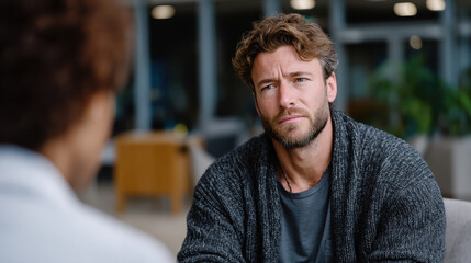 A thoughtful man with wavy hair appears engaged in a deep conversation, reflecting seriousness and contemplation in a modern, stylish environment emphasizing emotional connection.