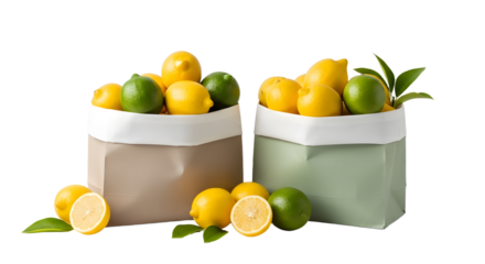 Fresh lemons and limes in reusable fabric bags with green leaves isolated on white background, perfect for grocery shopping or eco-friendly lifestyle