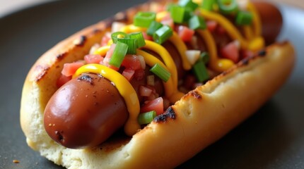 Delicious grilled hot dog with fresh tomato and green onion topping