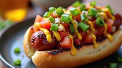 Delicious grilled hot dog with fresh tomato and green onion topping