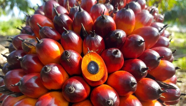 Harvested Palm Oil Fruit Cluster Showing Reddish Orange Flesh and Dark Pits