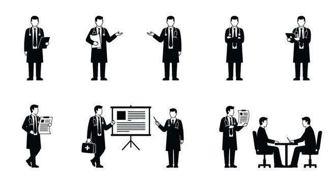 Silhouette set of doctor in various poses and presentations
