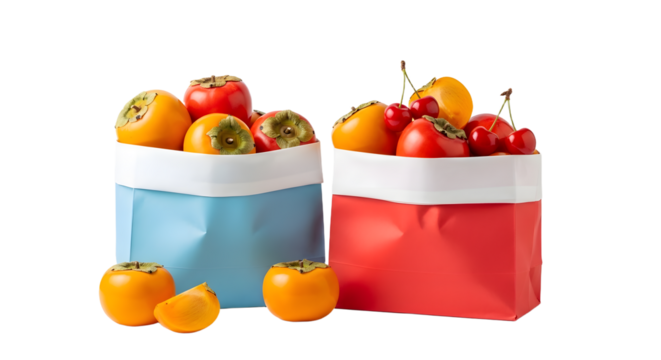 Fresh persimmons in colorful reusable grocery bags isolated on white background, perfect for eco-friendly shopping and healthy eating