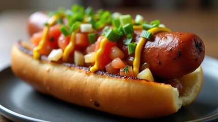Delicious grilled hot dog with fresh tomato and green onion topping
