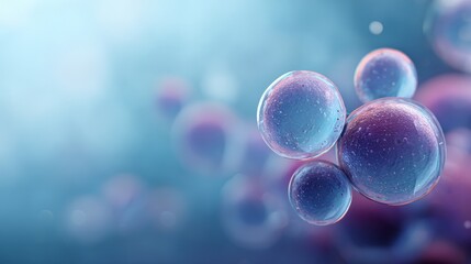 Biological cells, resembling microscopic organisms or bubbles, displaying genetic research and developing molecular structures in a scientific, abstract environment of biology and healthcare
