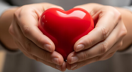 Obraz premium Hands gently hold a vibrant red heart, symbolizing love and care, perfect for Valentine's Day promotions or healthcare campaigns that evoke compassion
