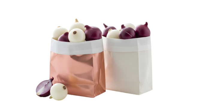 Fresh red and white onions in paper bags isolated on white background, perfect for grocery stores and cooking recipes