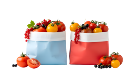 Fresh tomatoes in blue and red reusable bags with cherry tomatoes and currants, ideal for healthy eating and grocery shopping visuals