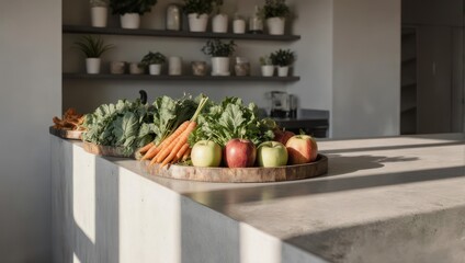 Fresh Produce and Juices on a Kitchen Countertop Bathed in Sunlight.