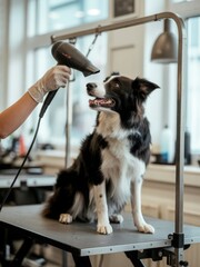 Professional dog groomer in white gloves using a hairdryer to dry a happy Border Collie on a grooming table in a clean, brightly lit salon