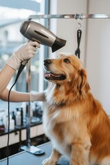 Professional dog groomer in white gloves using a hairdryer to dry a happy Golden Retriever on a grooming table in a clean, brightly lit salon.