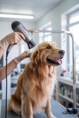 Professional dog groomer in white gloves using a hairdryer to dry a happy Golden Retriever on a grooming table in a clean, brightly lit salon.