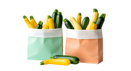 Fresh yellow zucchini and green zucchini in pastel color paper bags on white background, healthy vegetables for cooking and meal prep