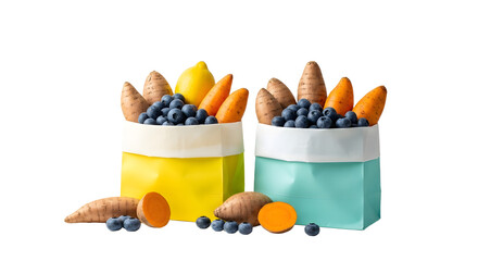 Two bags filled with fresh blueberries, sliced carrots, and turmeric root isolated on white background, healthy vegetables and fruit, perfect for nutrition and cooking