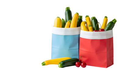 Reusable grocery bags filled with fresh yellow and green zucchini and radishes isolated on white, perfect for healthy lifestyle and eco-friendly shopping