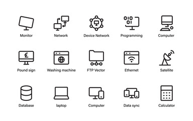 Network and device connectivity icon collection. Modern clean icon for FTP, satellite, ethernet, and computer programming.