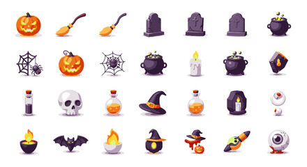 Collection of various Halloween-themed illustrations, including pumpkins, witch hats, and cauldrons.