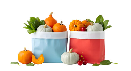 Two paper bags filled with miniature pumpkins, white pumpkins, leaves, and cherries on white background, perfect for autumn decoration
