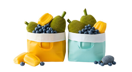 Two reusable bags filled with fresh tropical fruits including jackfruit, blueberries, and yellow bell peppers against white background, perfect for healthy lifestyle content