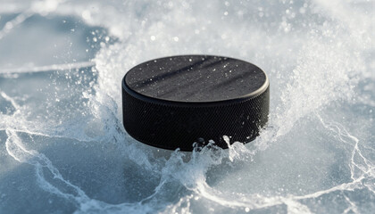 Hockey puck gliding across ice with water splashing, close-up shot