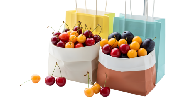 Colorful fresh cherries in paper bags with gift bags, healthy fruit snack and present idea, perfect for summer markets