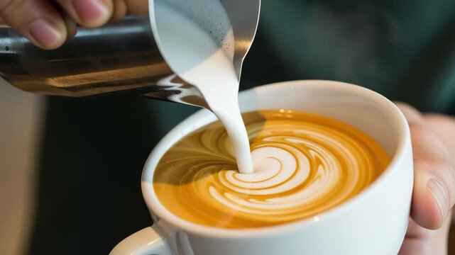 Pouring milk into a cup of coffee to create latte art with swirl pattern
