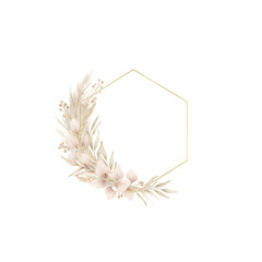 Boho Botanical Geometric Frame &mdash; Hexagon Shape Formed with Dried Floral Stems and Blush Petals, Gold Foil Accent,  Branding-Ready Mockup