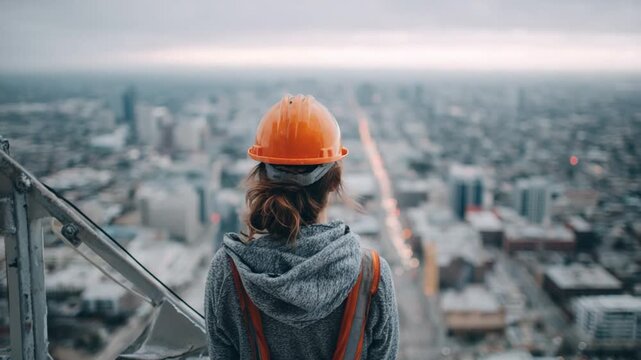Visionary Architect: An construction worker gazing over a sprawling cityscape, representing the dedication, the dream and the strength of the worker.