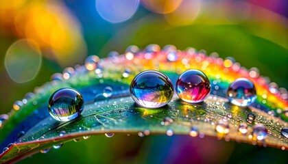 Close-up of a leaf with water droplets reflecting colorful ambient light