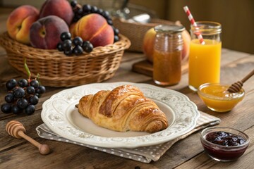 Breakfast table featuring golden croissant, honey and mango juice with blackberry fruits