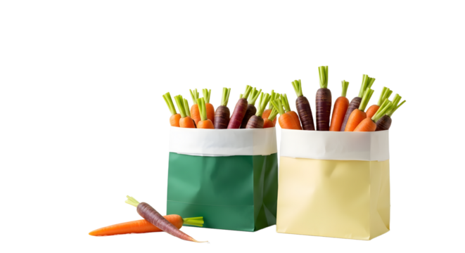 Bundles of fresh orange and purple carrots in green and yellow paper bags on white background, perfect for healthy food promotions