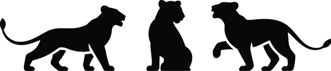 Big cat silhouette, panther pose, lion figure, walking stance, sitting posture, black graphic, vector illustration, wild animal, feline icon, motionBig cat silhouette, panther pose, 