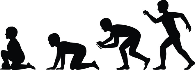 Child silhouette, walking development, crawling pose, sitting figure, standing motion, black graphic, vector illustration, growth icon, toddler activity, milestoneChild silhouette,
