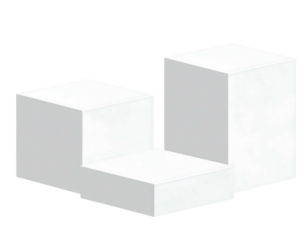 Low, white stacked cubes form an abstract, stepped, geometric display platform against a stark black backdrop
