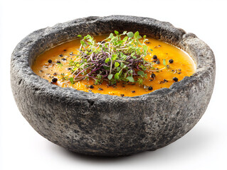 Nourishing vegetable soup served in a rustic stone bowl, garnished with fresh sprouts and pepper.