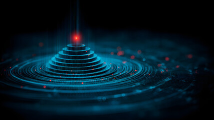 Futuristic technology pyramid radiating power, modern data visualization with glowing red node, digital network concept, innovation and connectivity