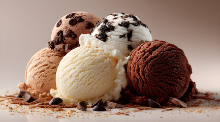 Delicious ice cream scoops entice with creamy textures, offering a sweet indulgence and decadent dessert experience for hot summer days