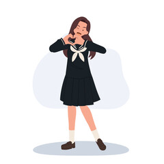cute japanese student in ssailor uniform making hand heart gesture. kawaii japanese student