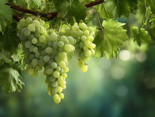Luscious green grapes dripping with dew hang from a vine, ready for harvest, evoking freshness and natural bounty.