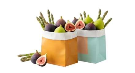 Fresh figs and asparagus vegetables in paper bags isolated on white, healthy organic food, grocery shopping concept, perfect for nutrition articles
