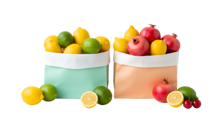 Colorful fresh fruit mix in two pastel storage bags filled with lemons, limes and pomegranates on white background, ideal for healthy lifestyle and grocery concepts