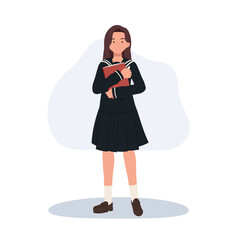 Japanese school girl. A young female student in a sailor-style uniform, holding a red book, ready to study.