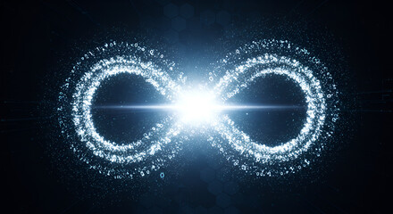 Stunning digital infinity symbol formed from glowing numbers and particles in a futuristic dark blue abstract background