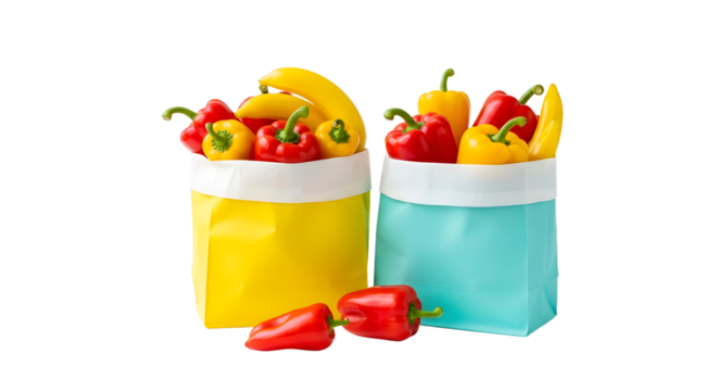 Fresh bell peppers in yellow and blue reusable shopping bags isolated on white background, perfect for healthy cooking and grocery shopping